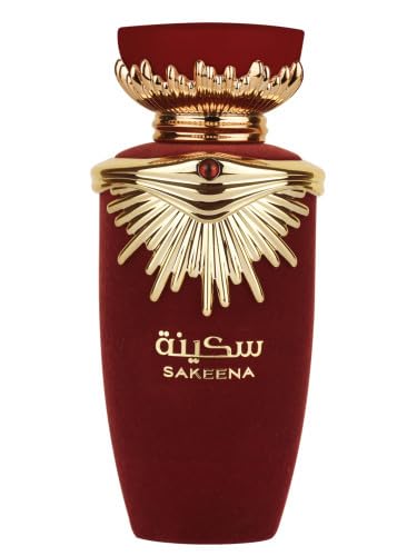 Lattafa Sakeena bottle closeup, vanilla-praline sweetness evokes evening allure.