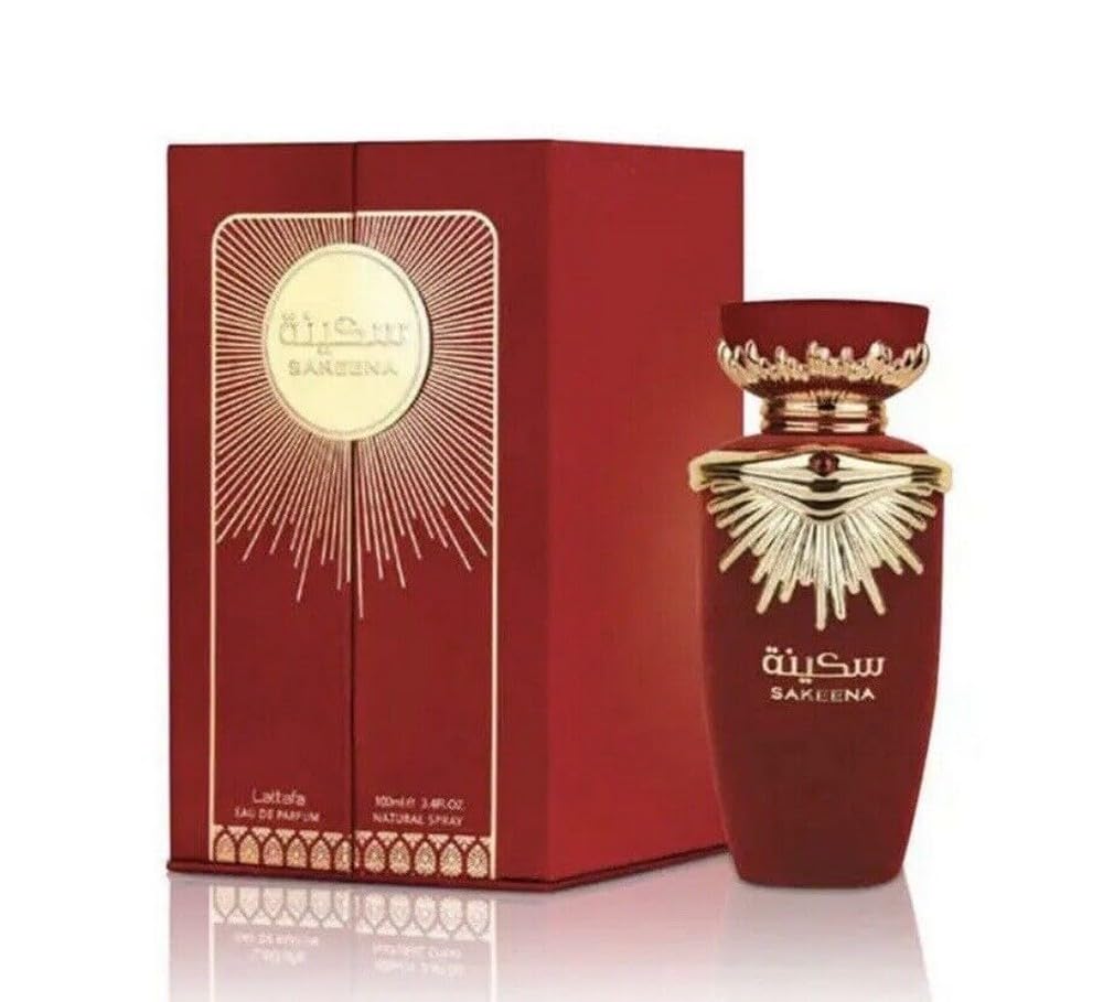 Lattafa Sakeena bottle front view, versatile unisex fragrance for daily wear.