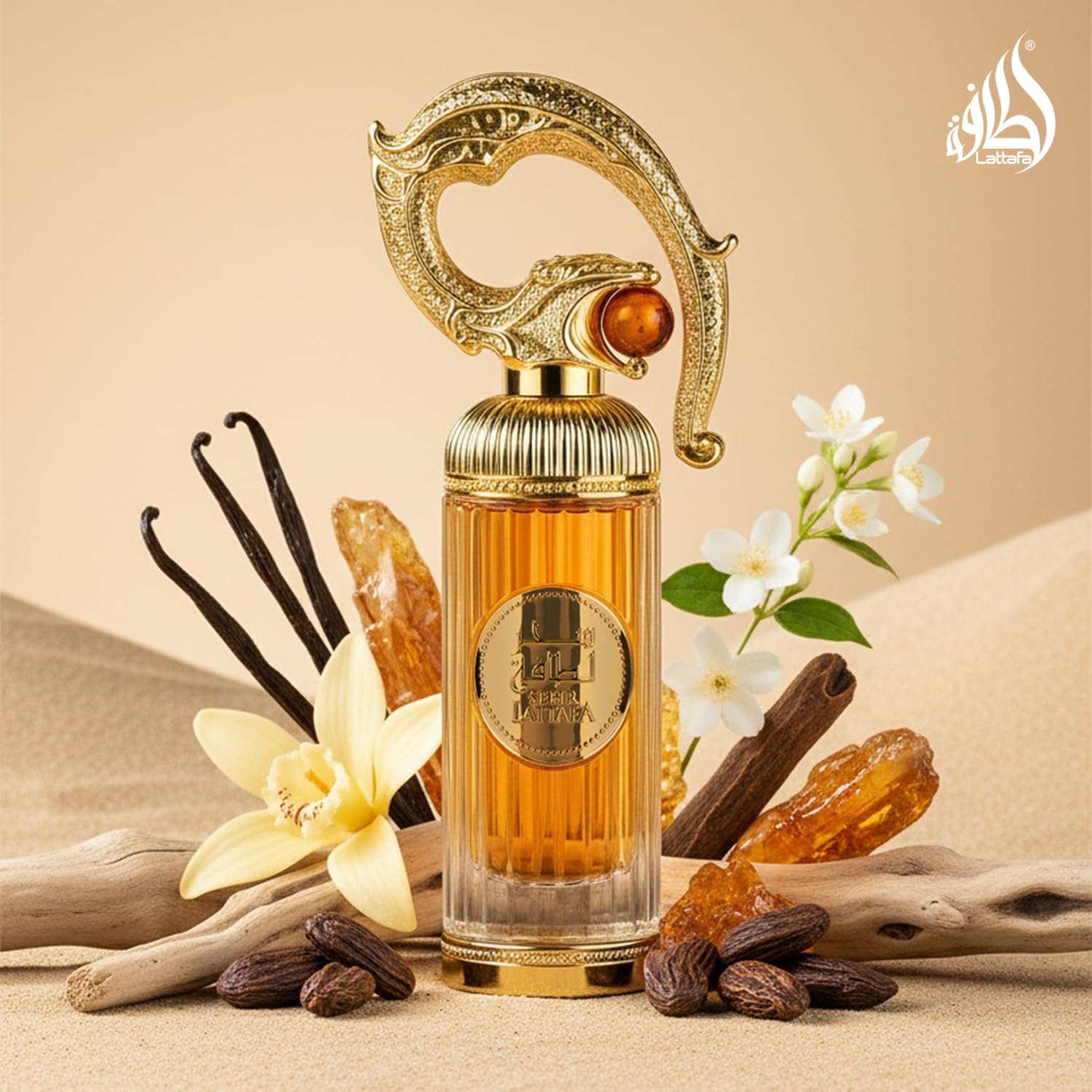 Lattafa Sehr long-lasting badge image communicates all-day scent presence.