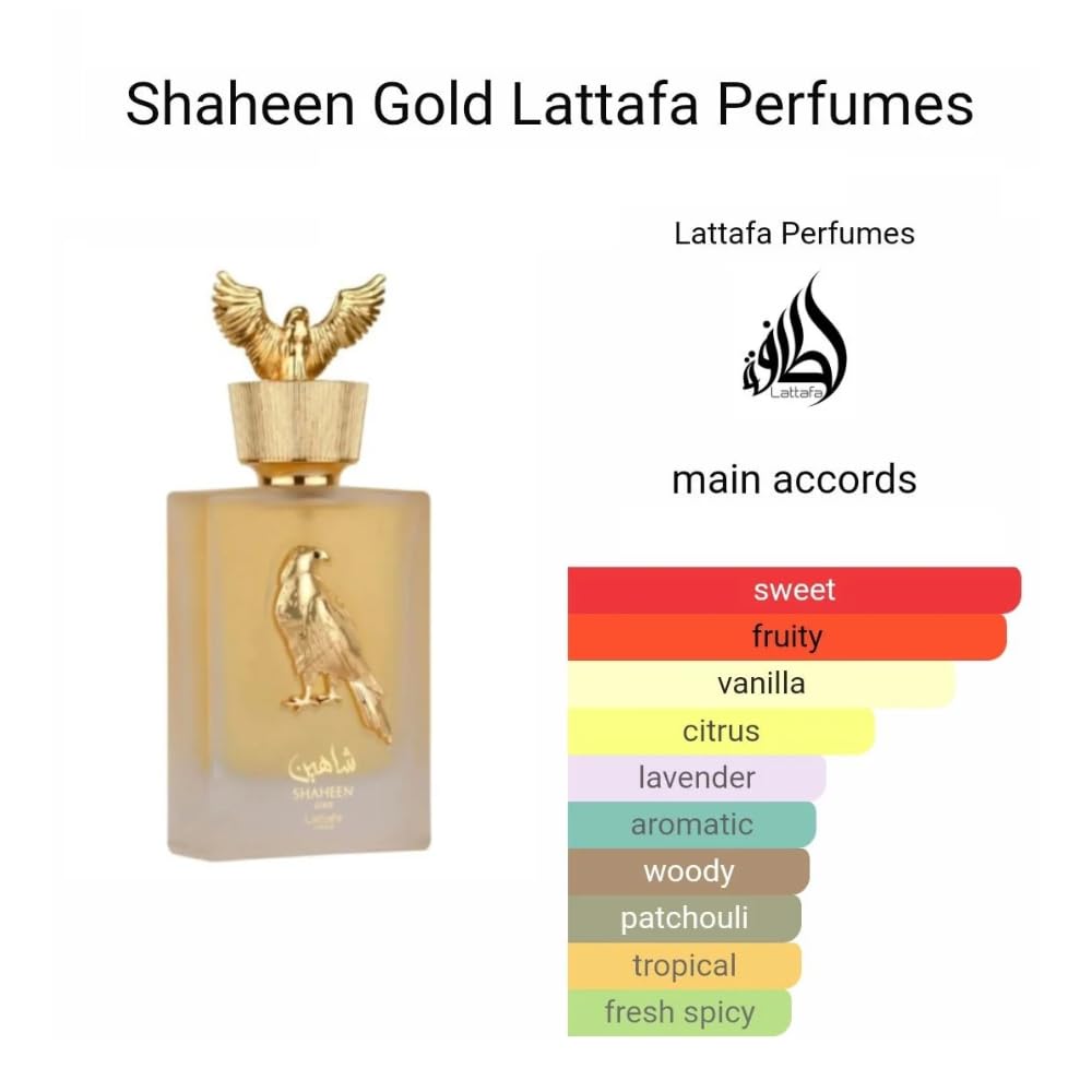 Lattafa Shaheen Gold bottle closeup highlighting premium design and long-lasting scent