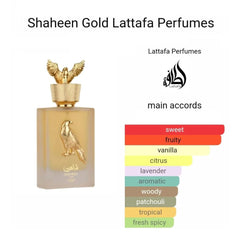 Lattafa Shaheen Gold bottle closeup highlighting premium design and long-lasting scent