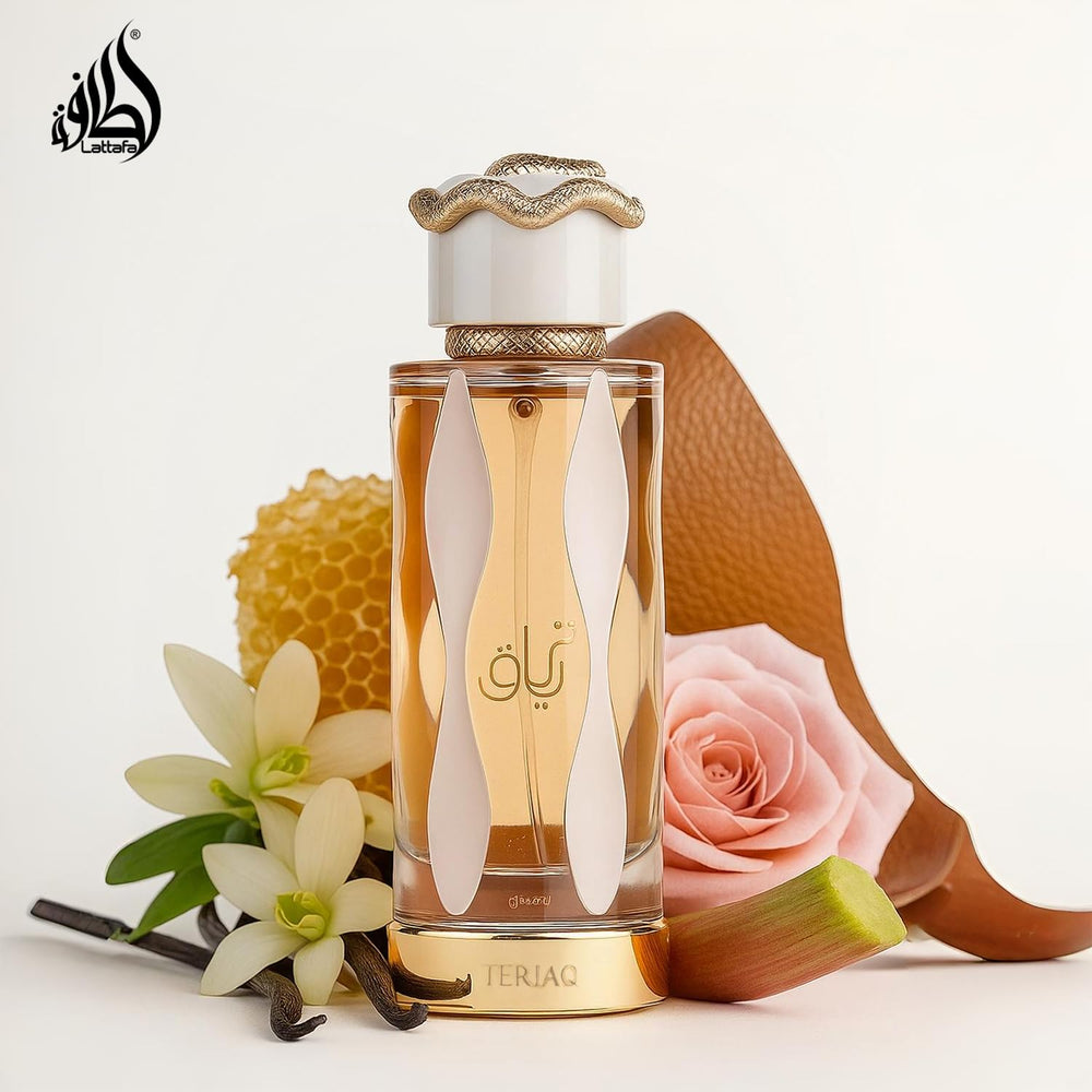 Lattafa Teriaq notes scene, honey and vanilla create a warm aura.