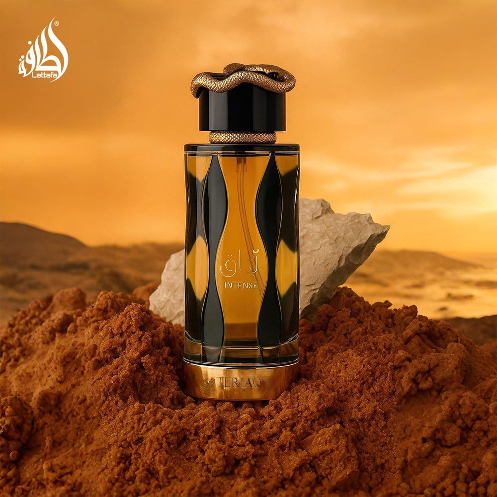 Lattafa Teriaq Intense luxury packaging close-up — premium presentation