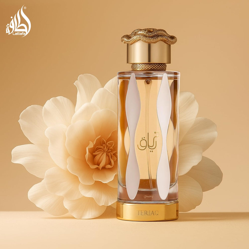 Lattafa Teriaq luxury ambience, glass bottle on a sleek surface.