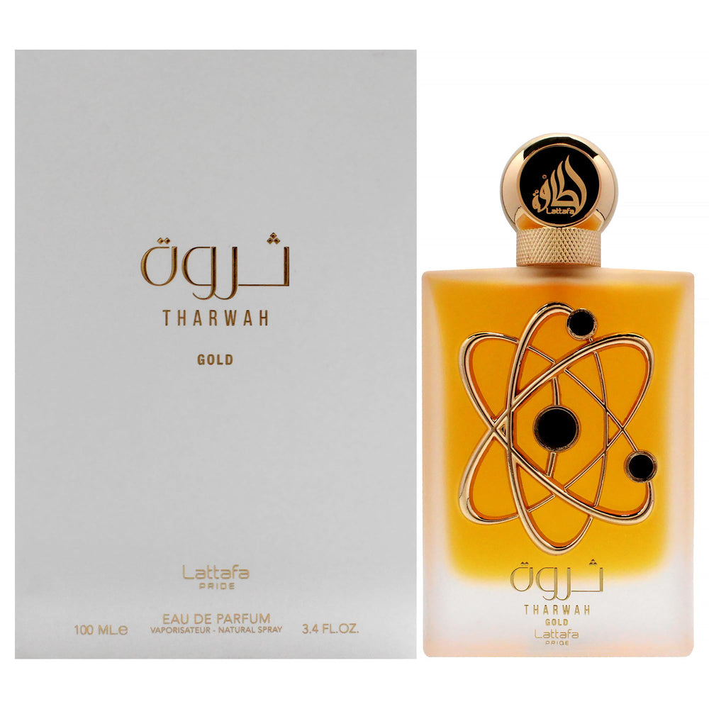Lattafa Tharwah Gold bottle showcasing the sweet floral fragrance for all.