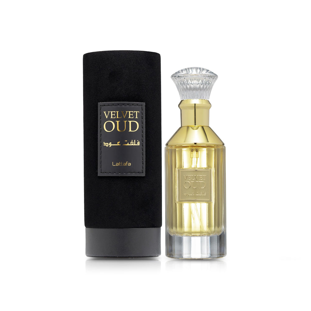 Lattafa Velvet Oud amber-toned portrait image conveys warmth and sophistication