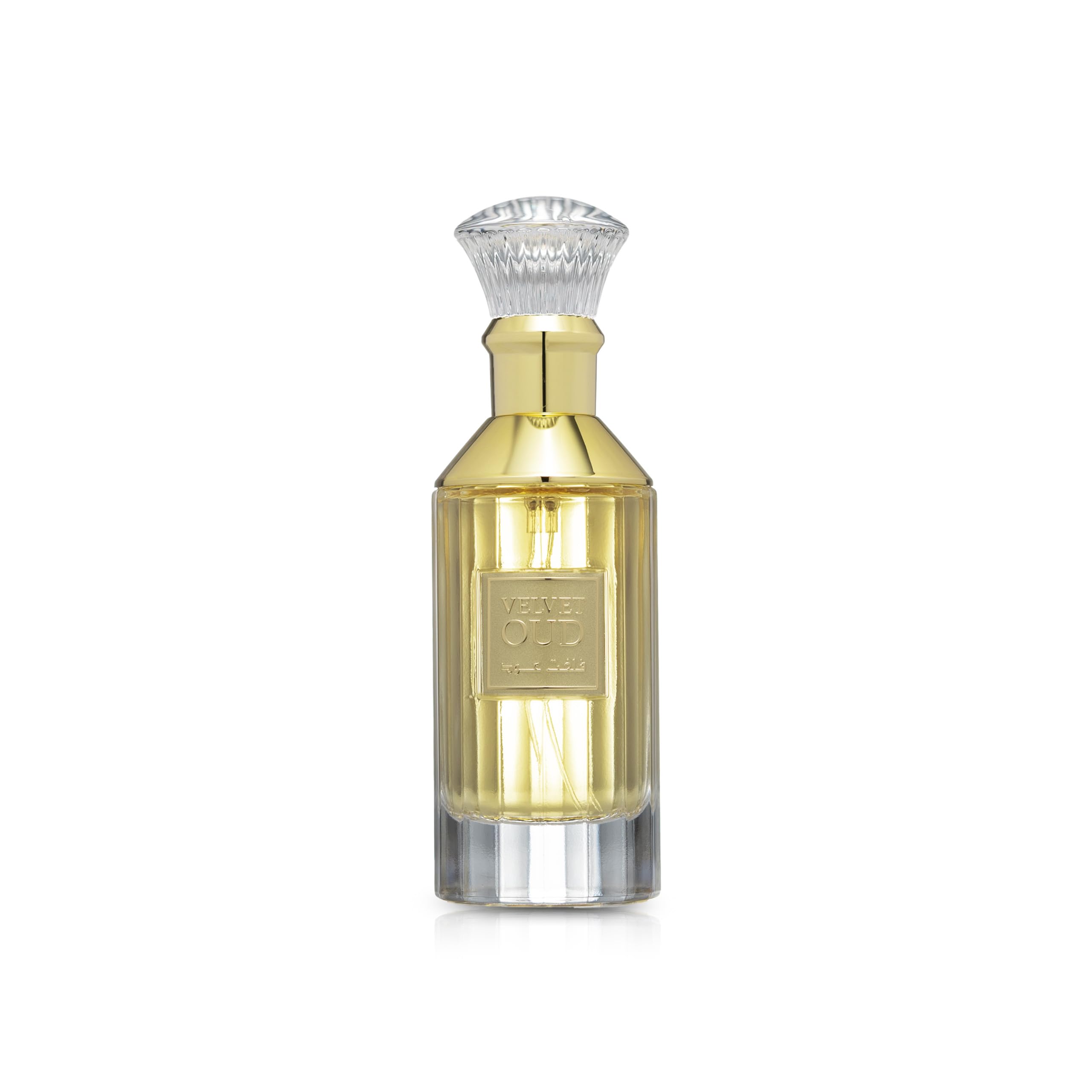 Lattafa Velvet Oud bottle front view highlighting warm amber scent for evenings