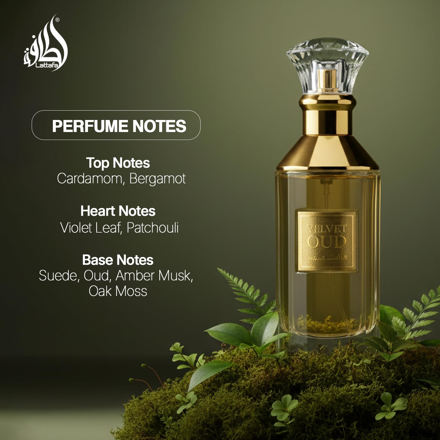 Lattafa Velvet Oud woody base notes image hints longevity and refined character