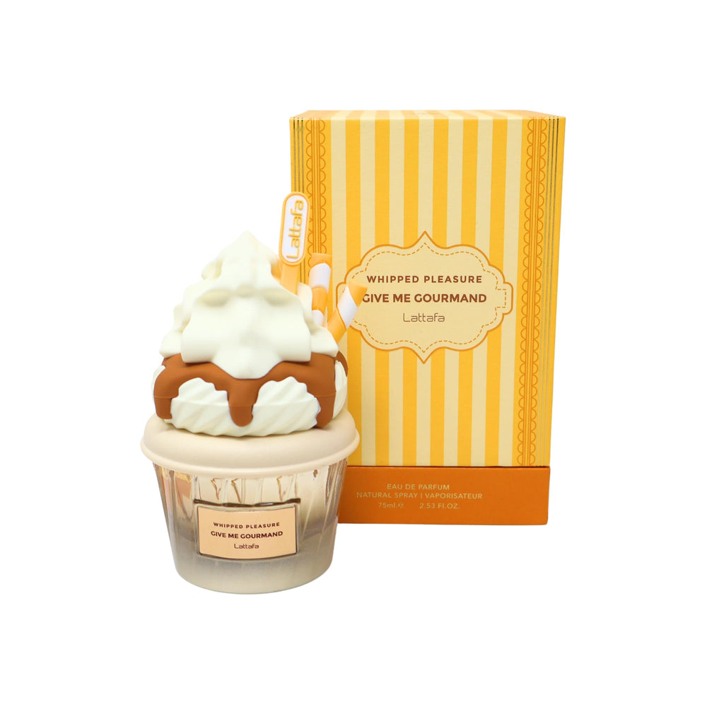 Lattafa Whipped Pleasure bottle closeup highlights a luxe gourmand scent for daily allure