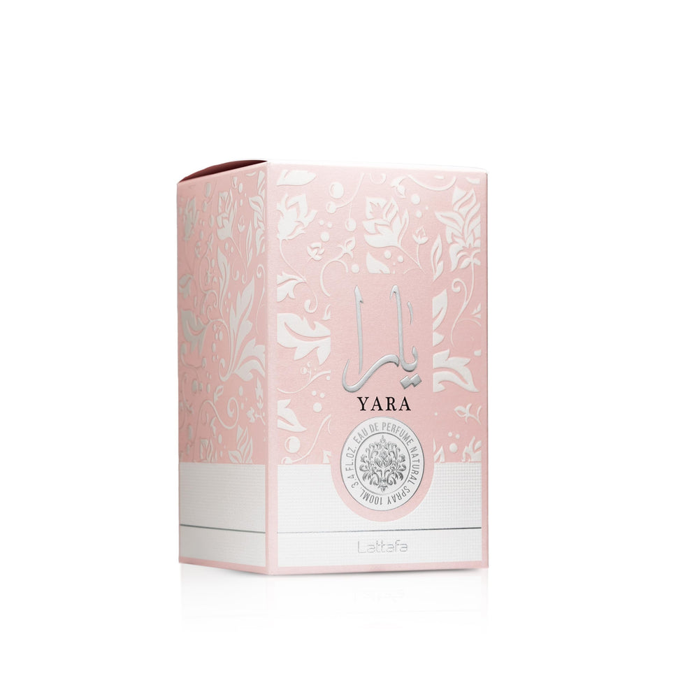 Lattafa Yara base notes of vanilla, sandalwood, musk offer warm longevity.