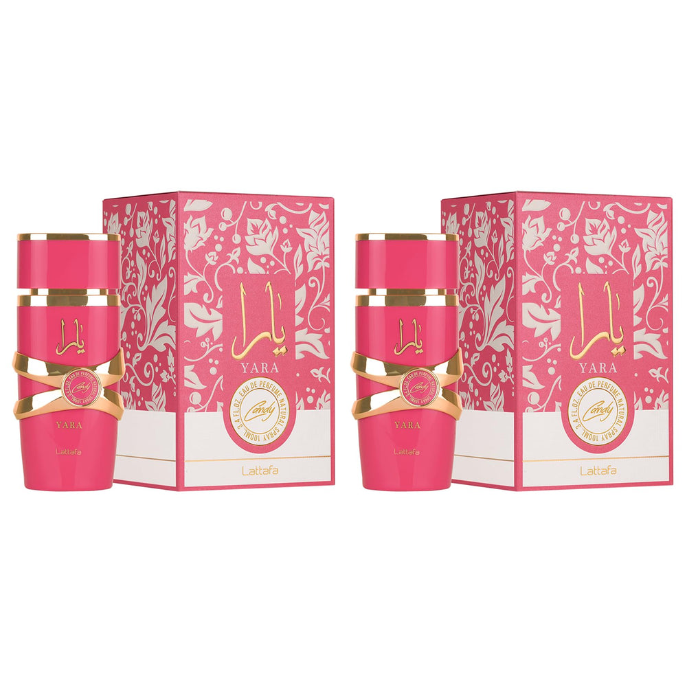 Lattafa Yara Candy bottle closeup highlights amber-vanilla gourmand notes for special occasions.