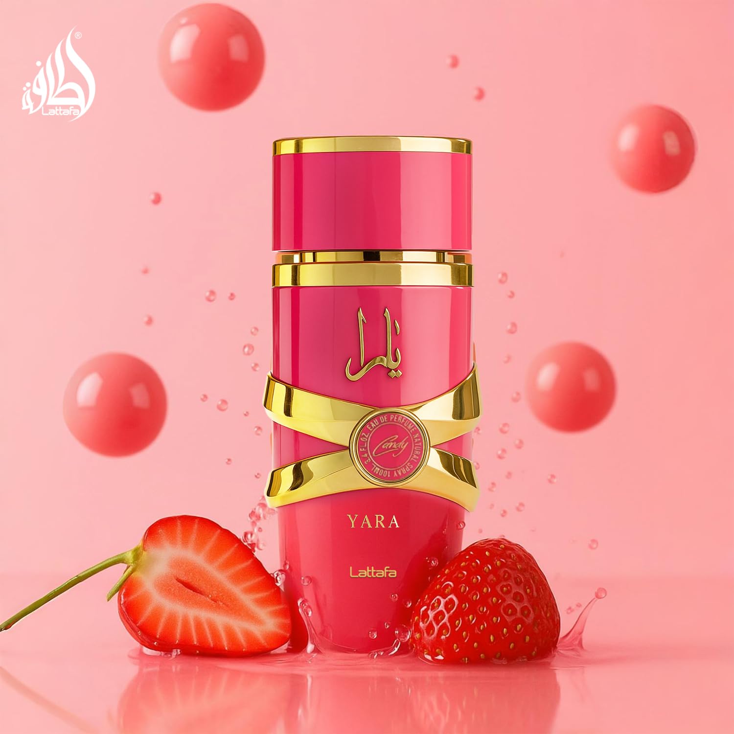 Lattafa Yara Candy bottle closeup highlights premium fragrance presentation.