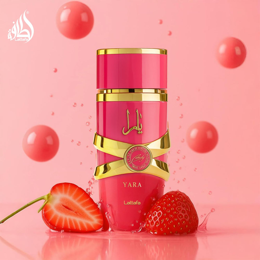 Lattafa Yara Candy bottle closeup highlights premium fragrance presentation.
