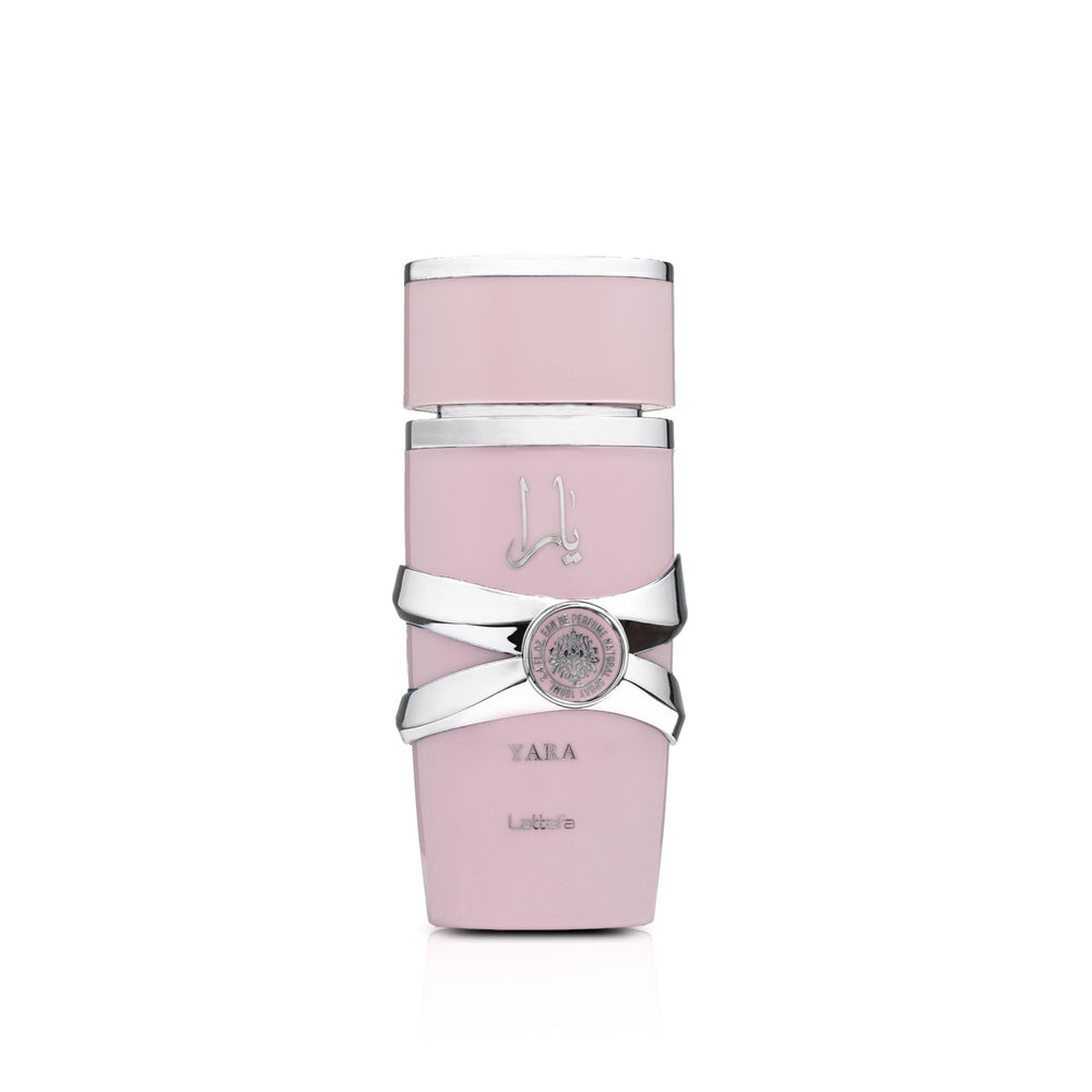 Lattafa Yara bottle on vanity showing vanilla-forward elegance and lasting scent.