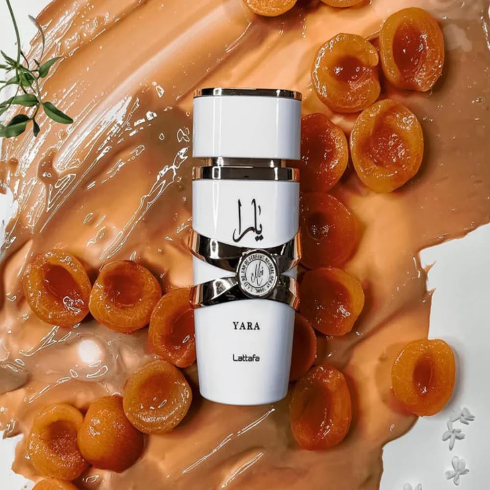 Lattafa Yara Moi note-map illustrates peach, jasmine, caramel blend.