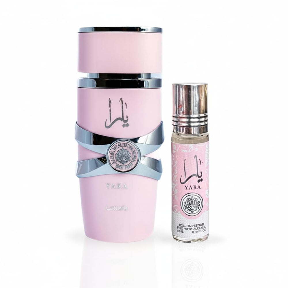 Lattafa Yara perfume oil close-up for on-the-go touch-ups.