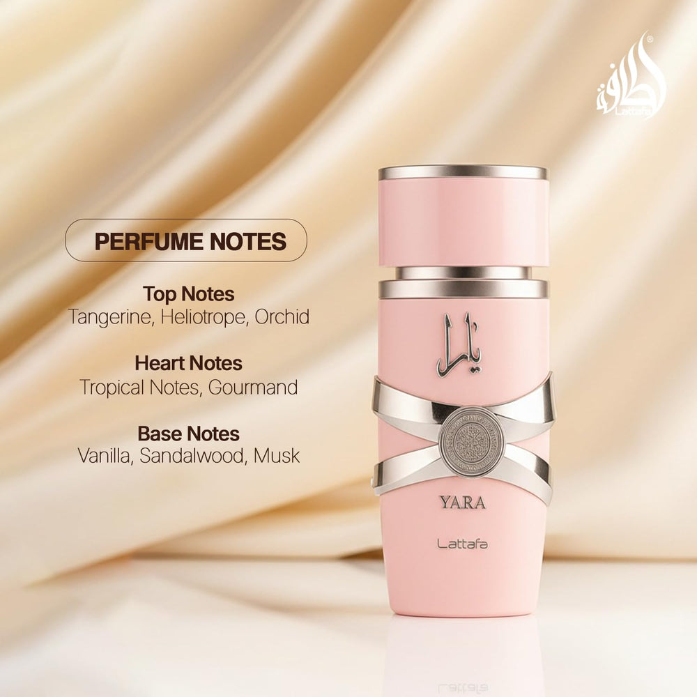 Lattafa Yara top notes of tangerine ignite a bright, inviting start.