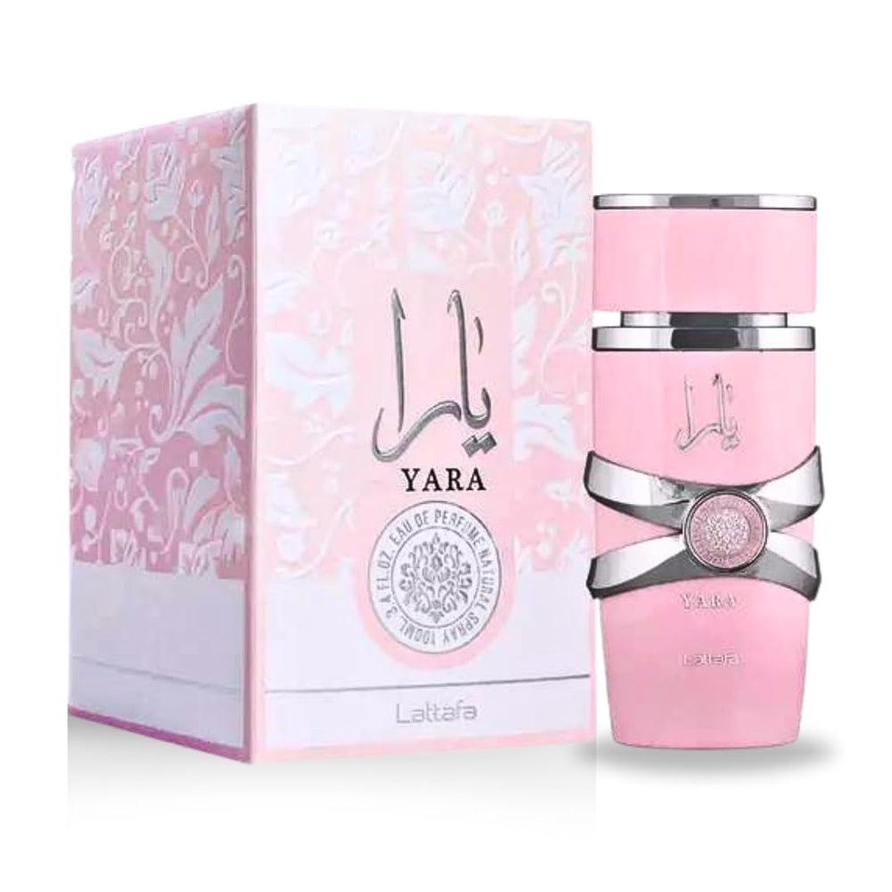 Lattafa Yara outer box art emphasizes luxury branding and scent promise.