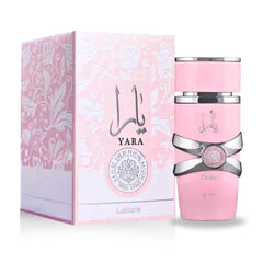 Lattafa Yara outer box art emphasizes luxury branding and scent promise.