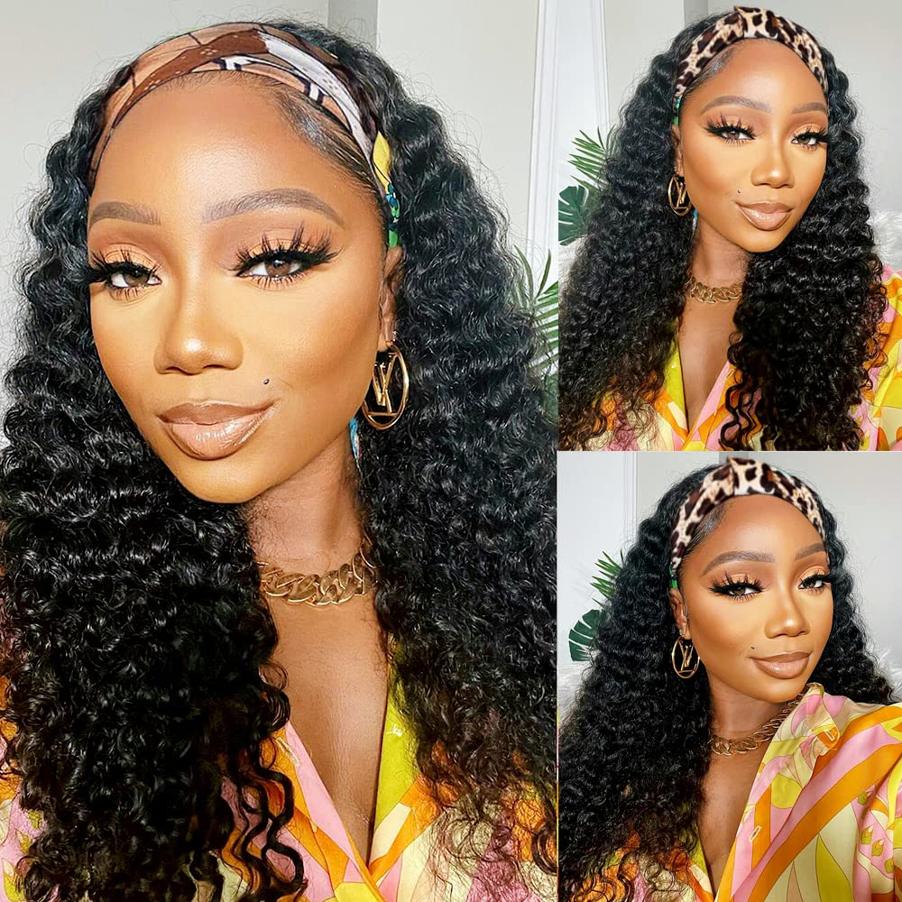 Lauberita headband wig 14in curly deep wave close-up highlights silky Brazilian hair for versatile styling