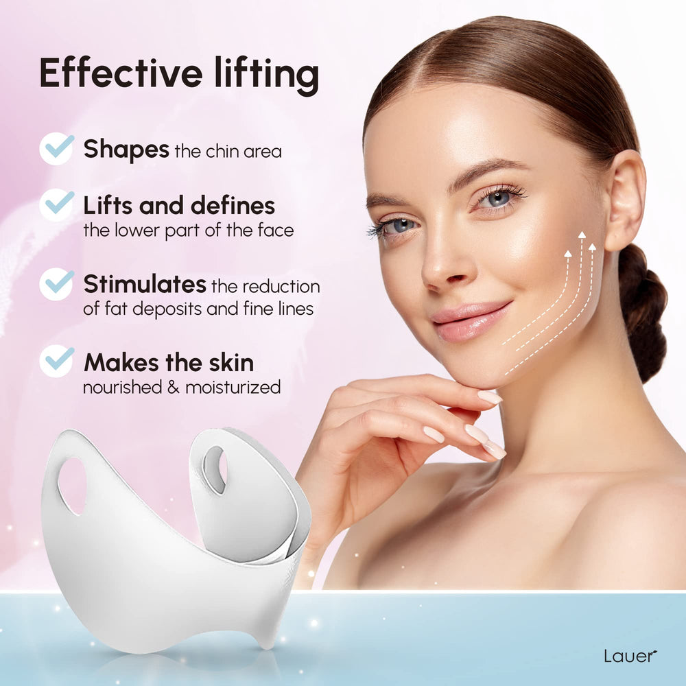 LAUER COSMETIC chin strap closeup highlights firming support for a refreshed jawline.