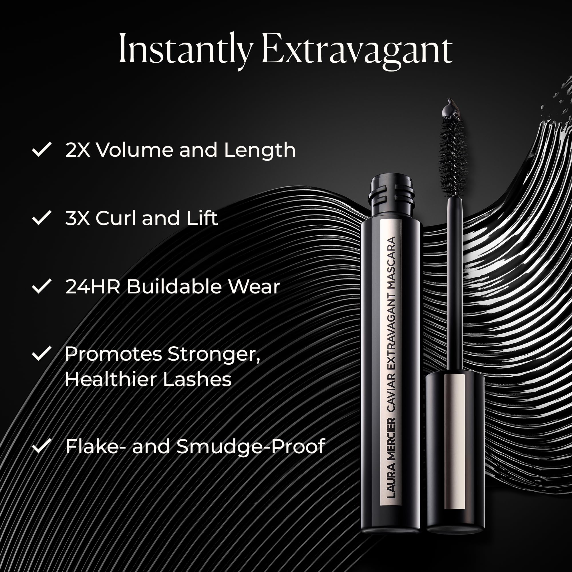 Laura Mercier Caviar Extravagant Mascara demonstrating 3X curl and lift