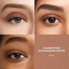 Laura Mercier Caviar Stick Sepia swipe application demonstrates easy cream-to-powder payoff