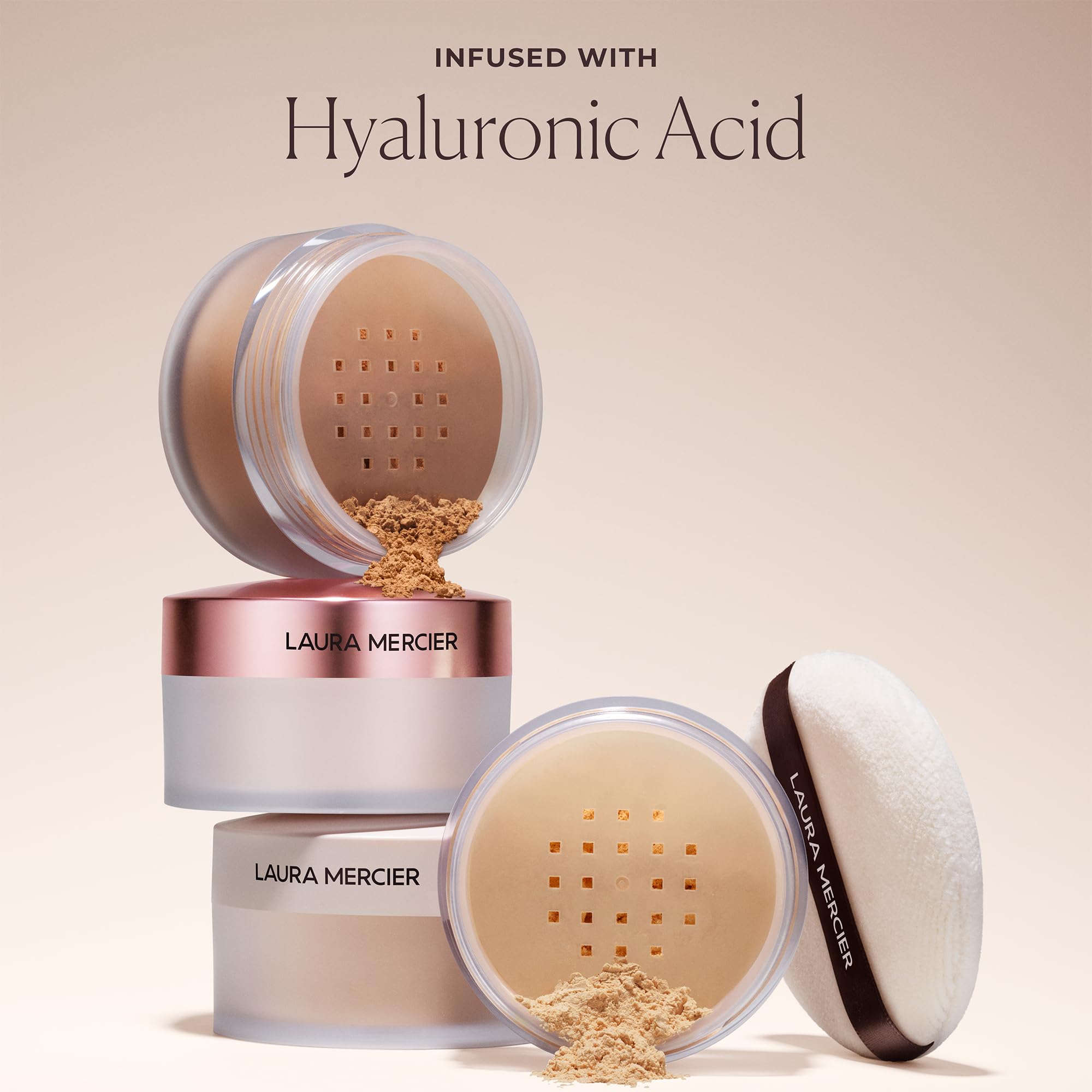 Laura Mercier powder infused with hyaluronic acid for comfortable, hydration-friendly wear.