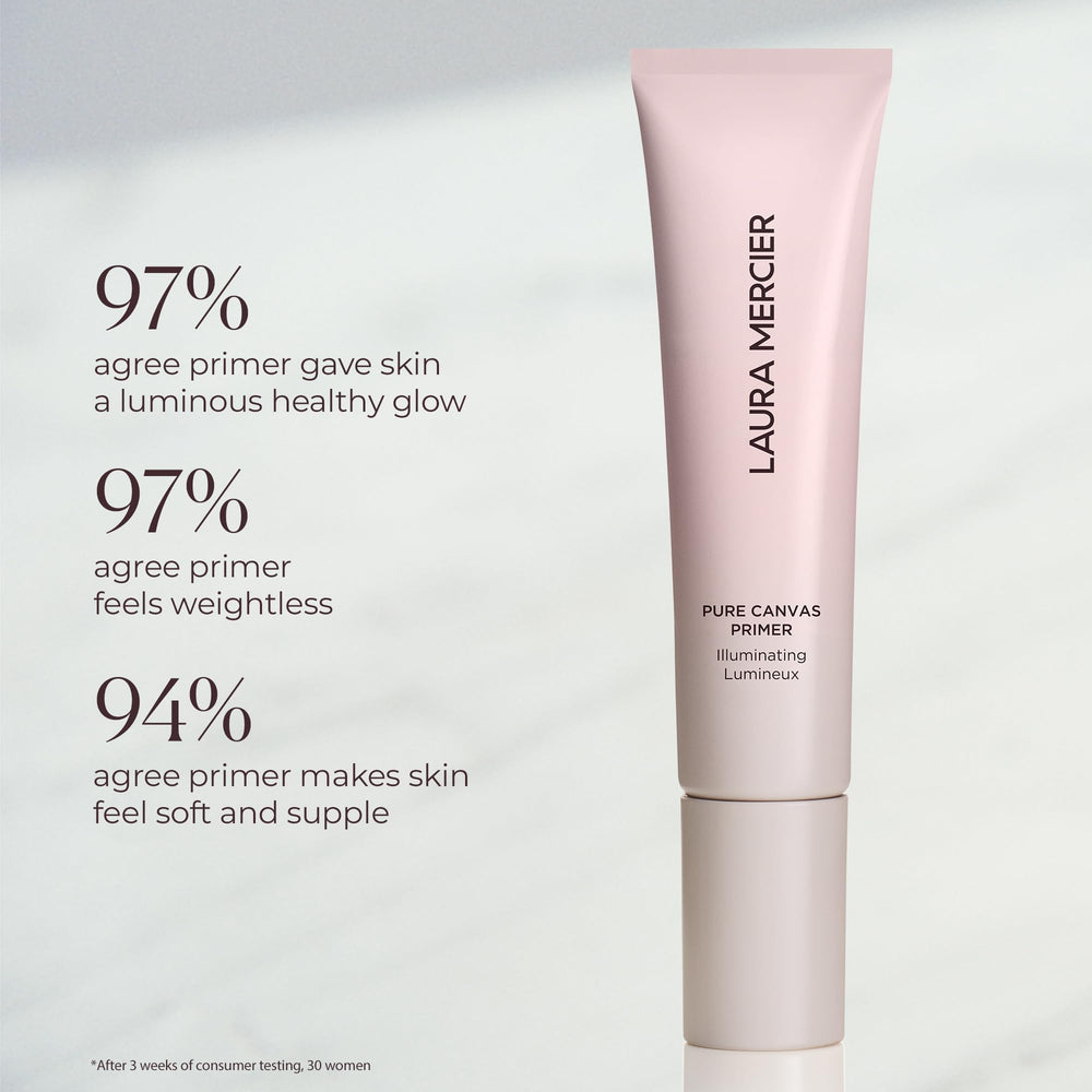 Laura Mercier Pure Canvas Primer application on skin pre-makeup for a glow-enhanced base.