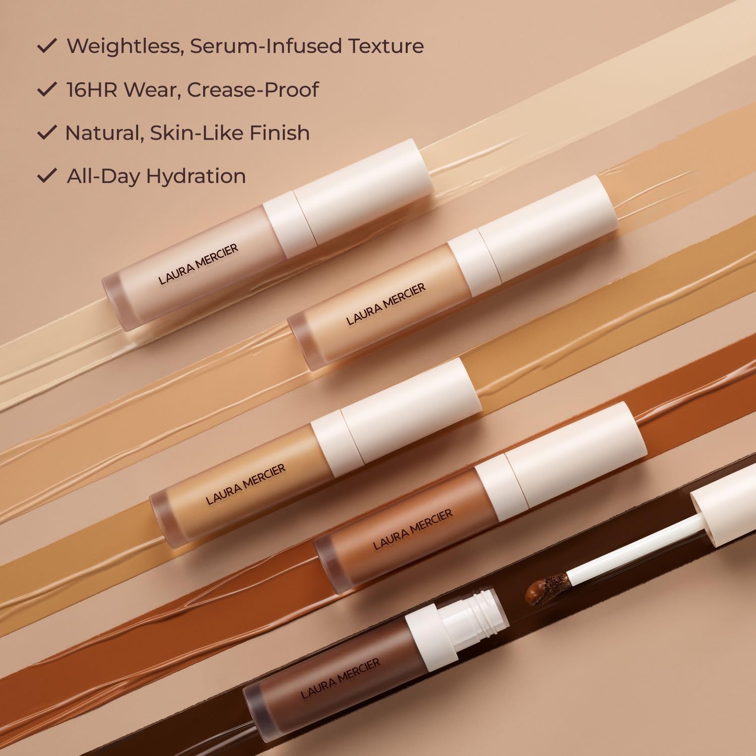 Laura Mercier Real Flawless Serum Concealer texture close-up highlights lightweight finish.