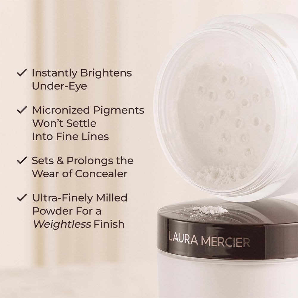 Laura Mercier Secret Brightening Powder applied under-eye with translucent veil brightening look