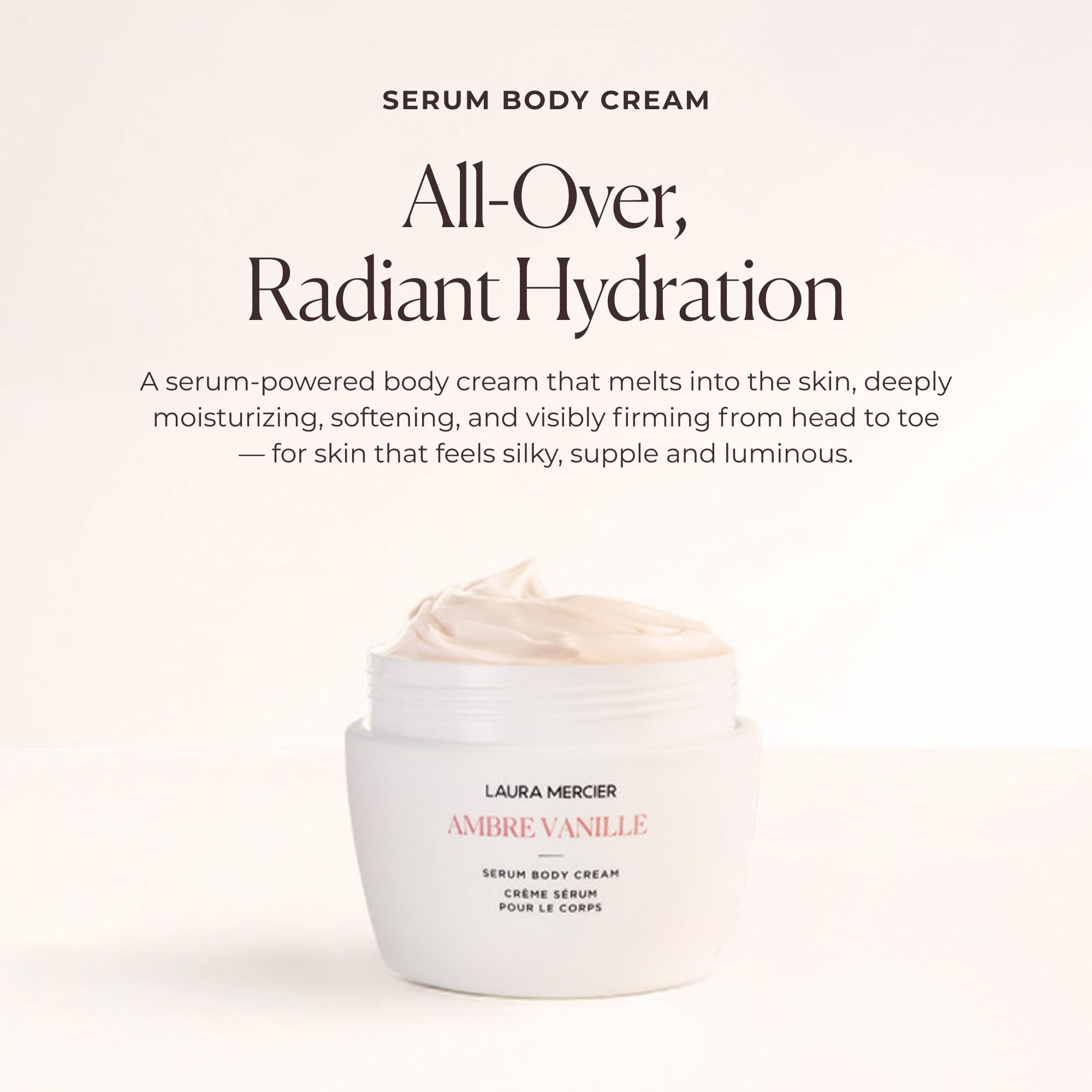 Laura Mercier Serum Body Cream pump application highlighting rich nourishment