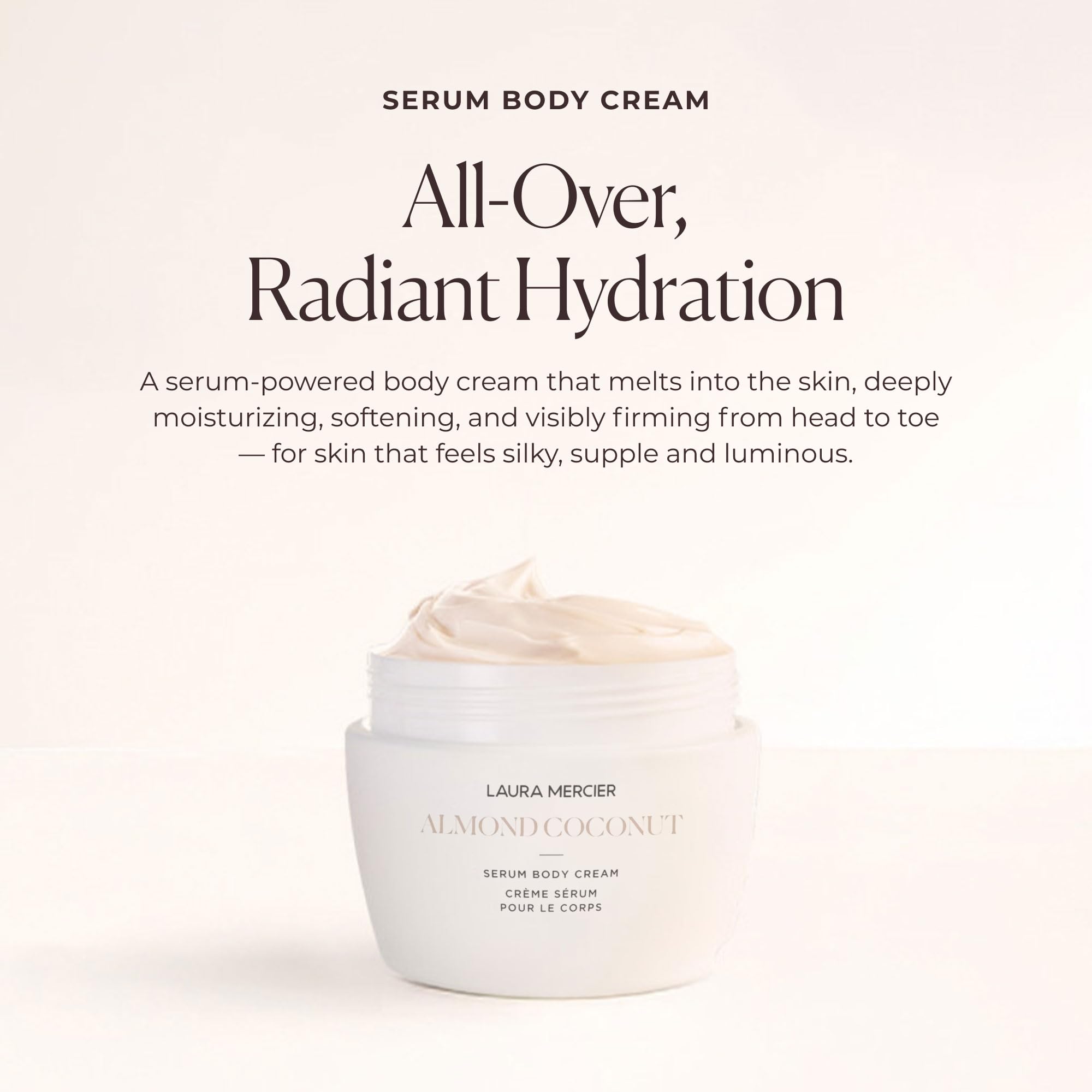 Laura Mercier Serum Body Cream close-up shows creamy, rich texture for quick absorption.
