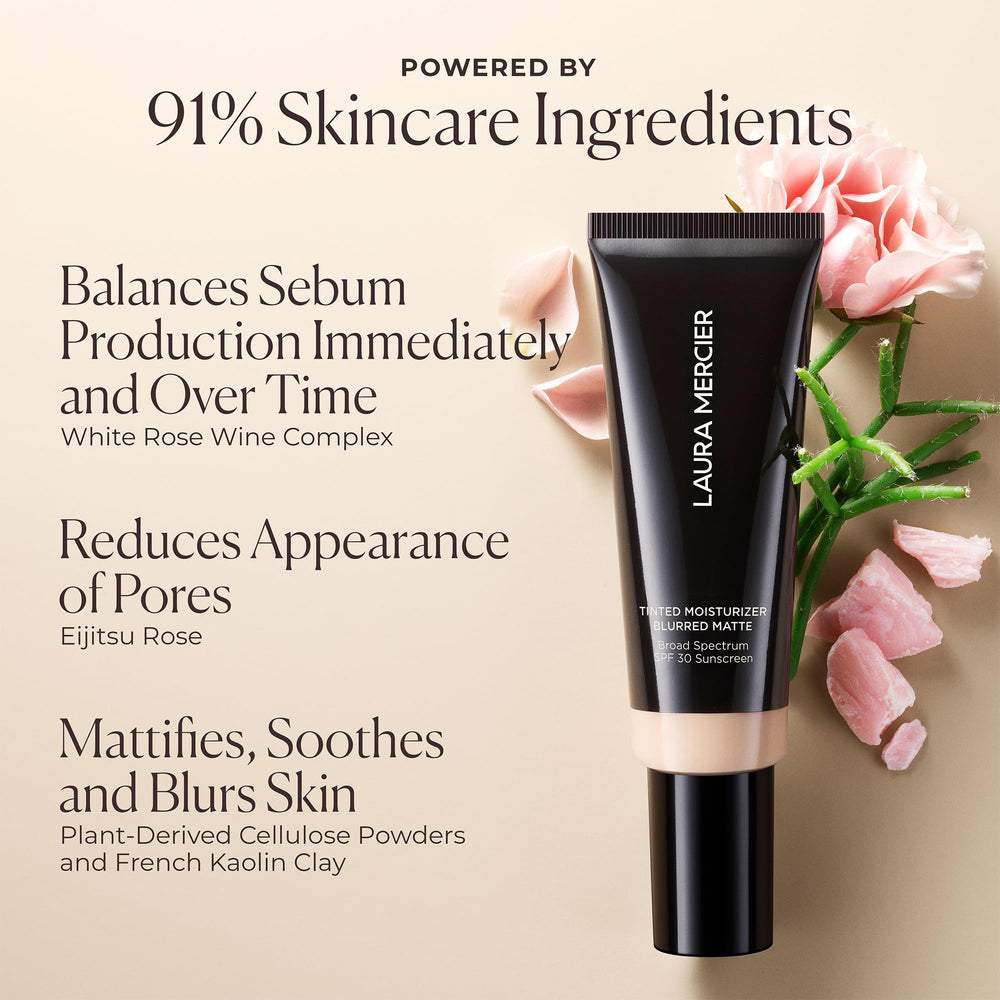 Laura Mercier tinted moisturizer blurred matte SPF30 on face with natural finish