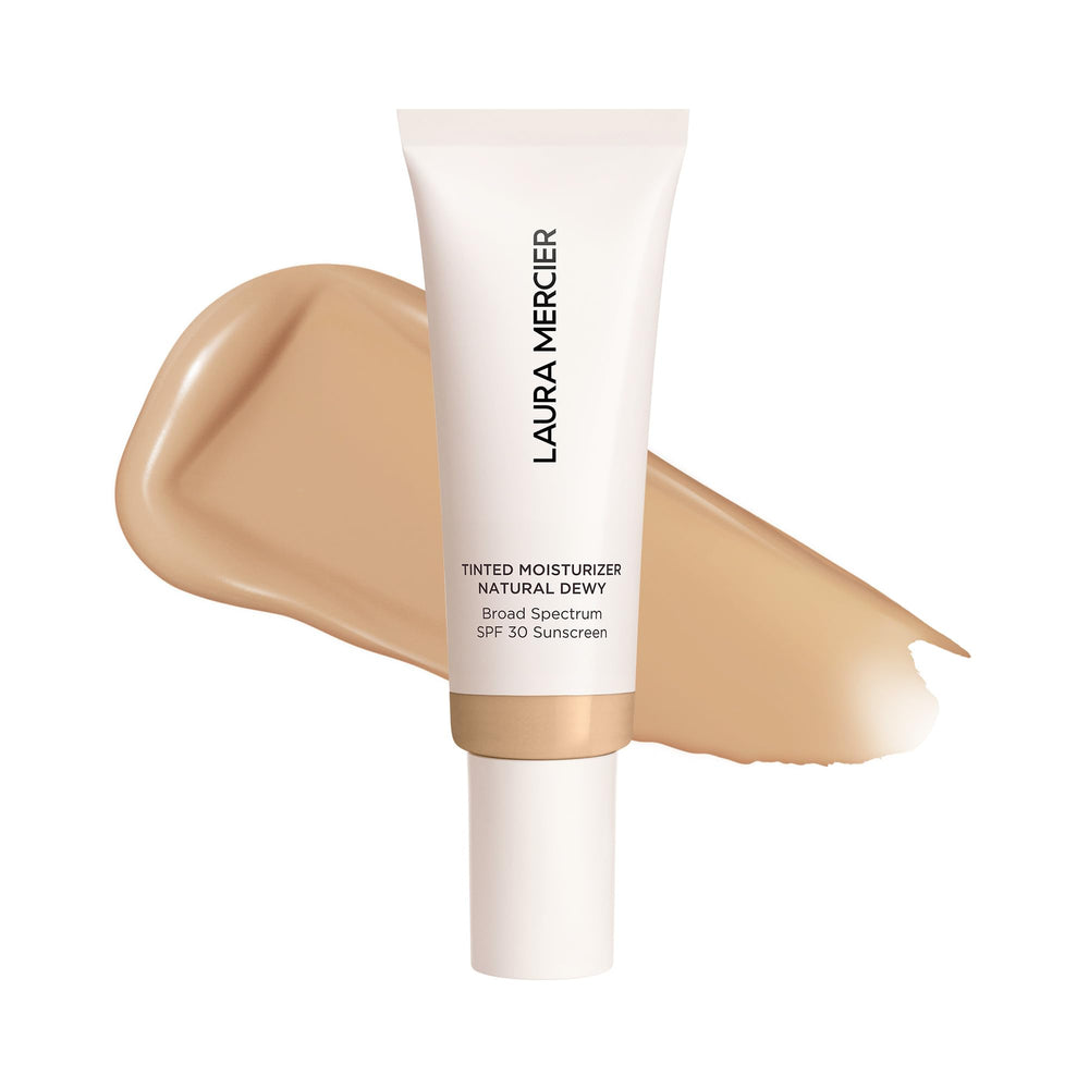 Laura Mercier Tinted Moisturizer Natural Dewy Maple bottle shows sheer coverage and hydration.