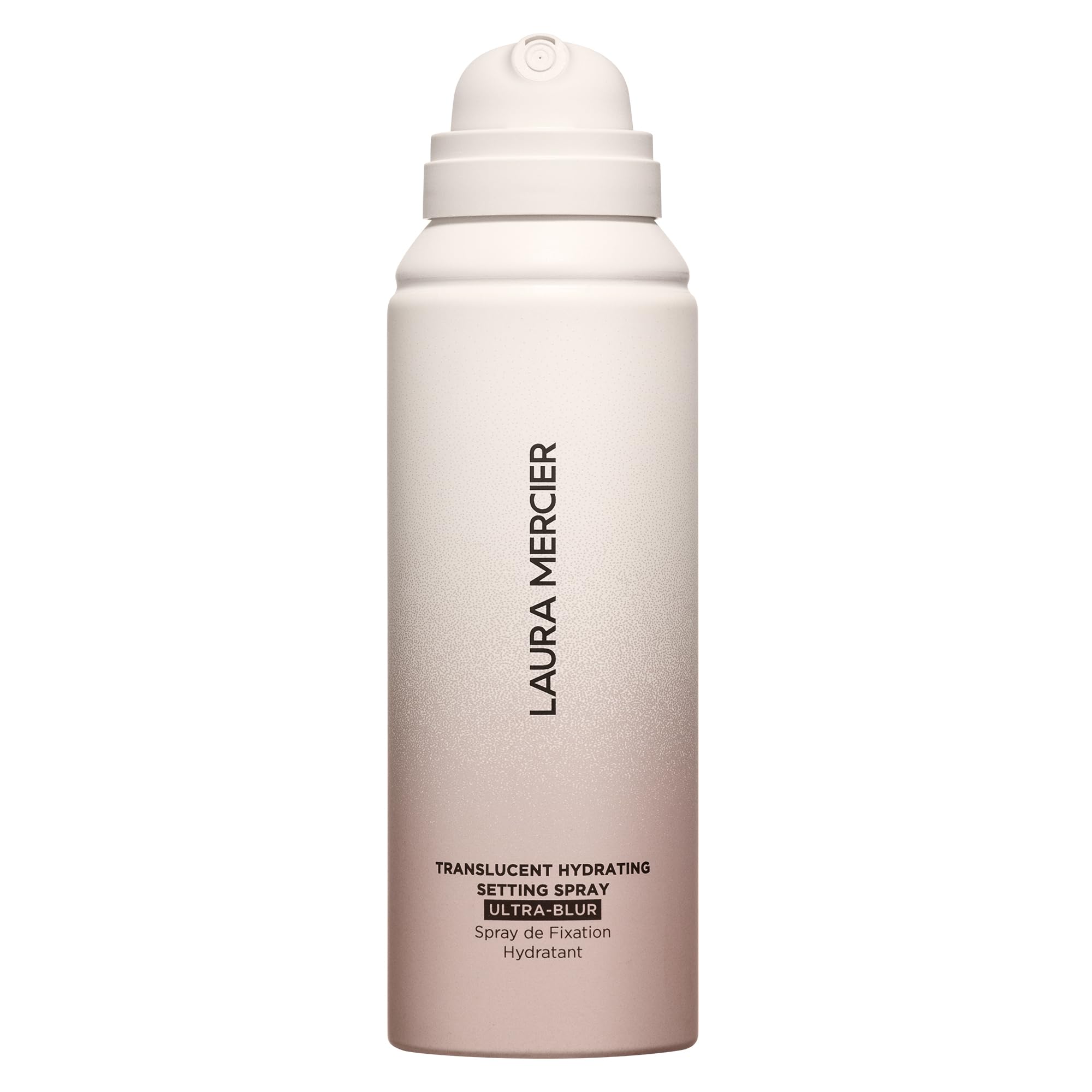 Laura Mercier translucent hydrating setting spray bottle provides 24-hour hydration and a natural finish.