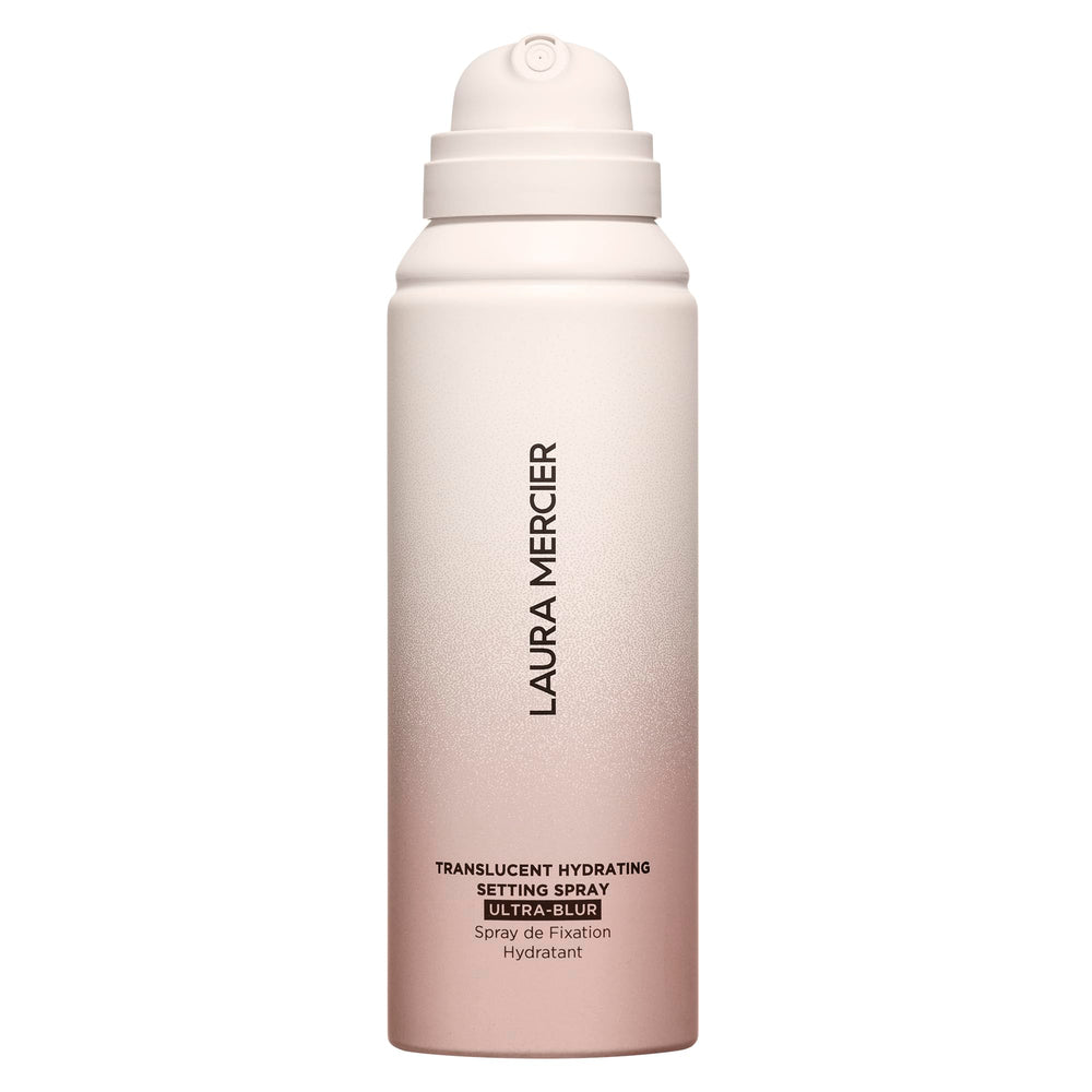 Laura Mercier translucent hydrating setting spray bottle provides 24-hour hydration and a natural finish.