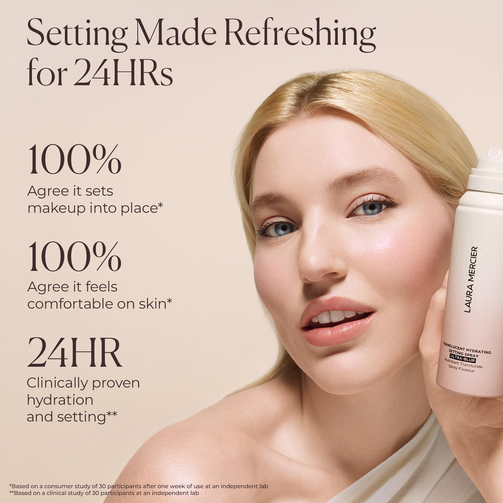Laura Mercier glow shot shows dewy finish and hydrated skin for a natural look.