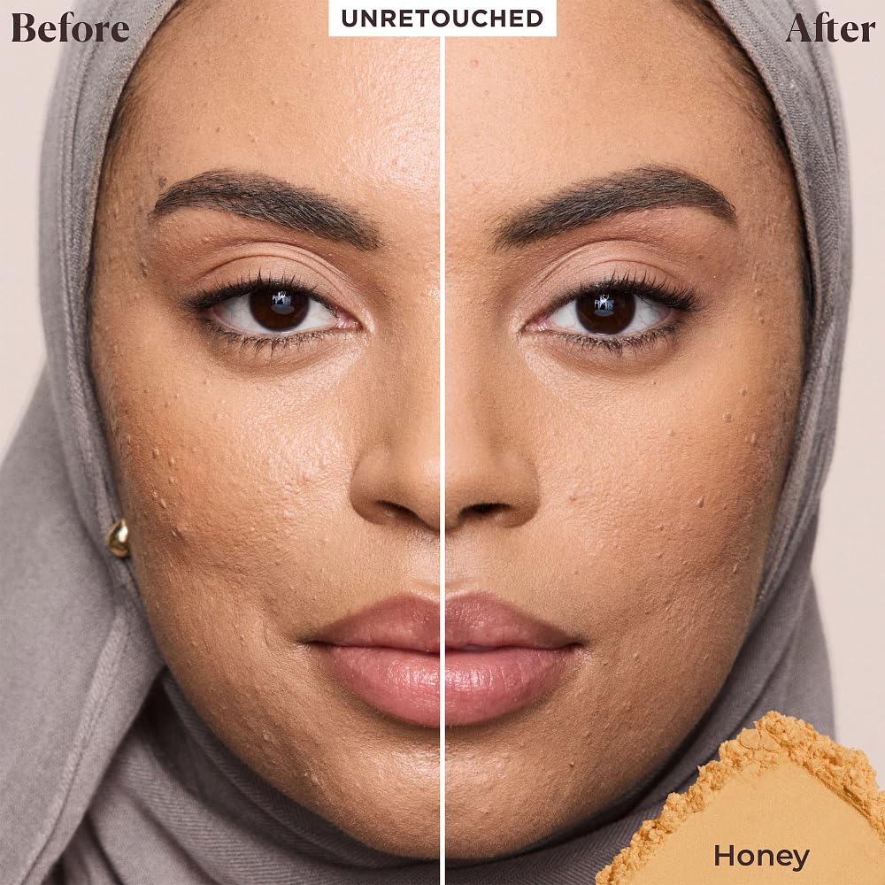 Laura Mercier translucent loose powder swatch on cheek; enhances natural glow and blur.