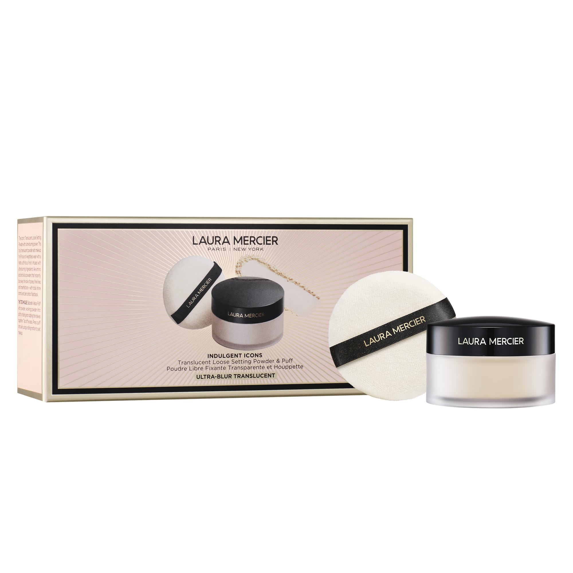 Laura Mercier translucent loose setting powder packaging with limited-edition design for an elevated base.