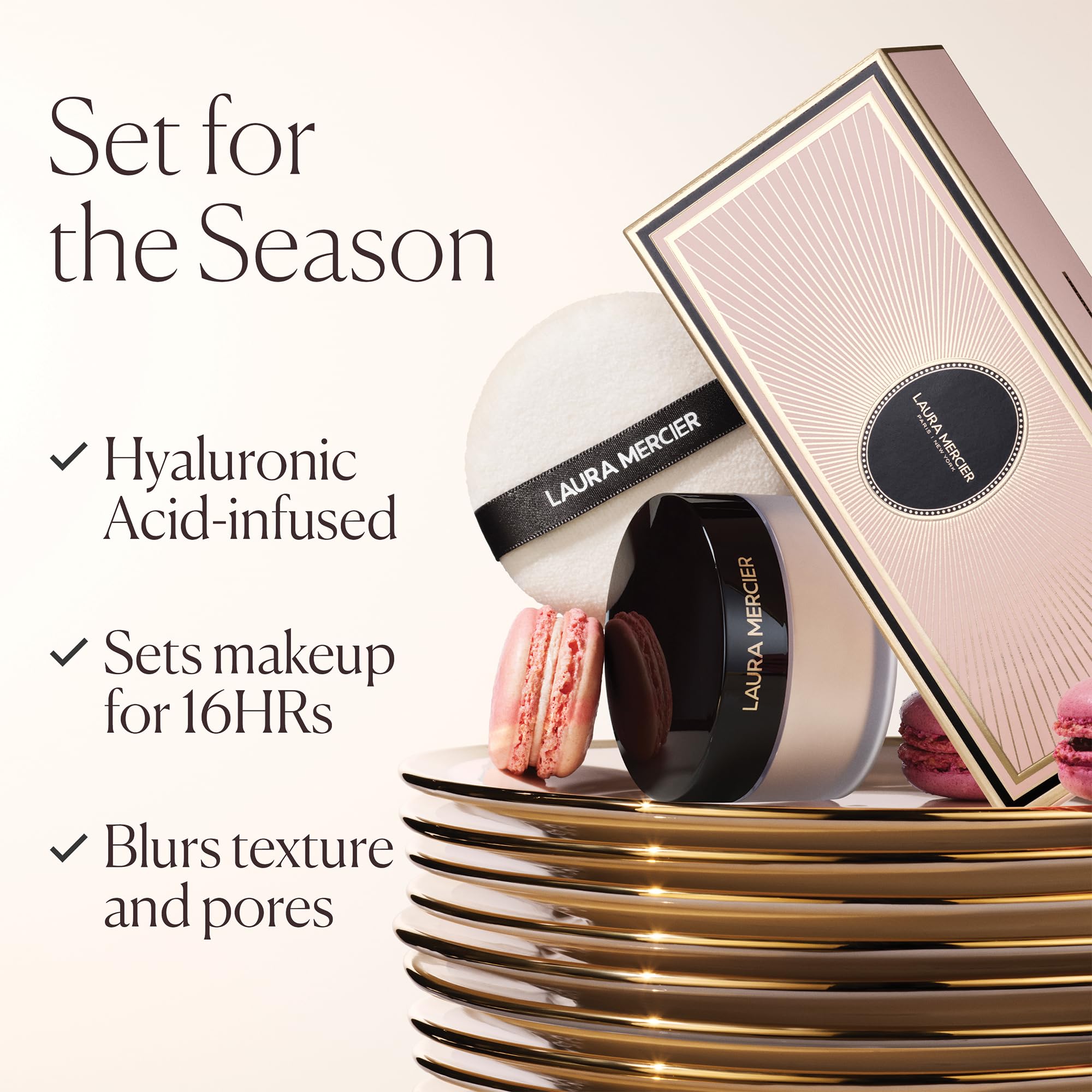 Laura Mercier powder on skin delivering matte soft-focus finish and shine control throughout the day.