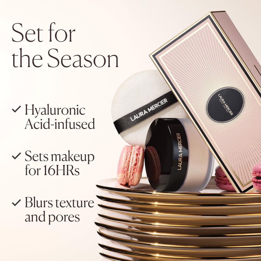 Laura Mercier powder on skin delivering matte soft-focus finish and shine control throughout the day.