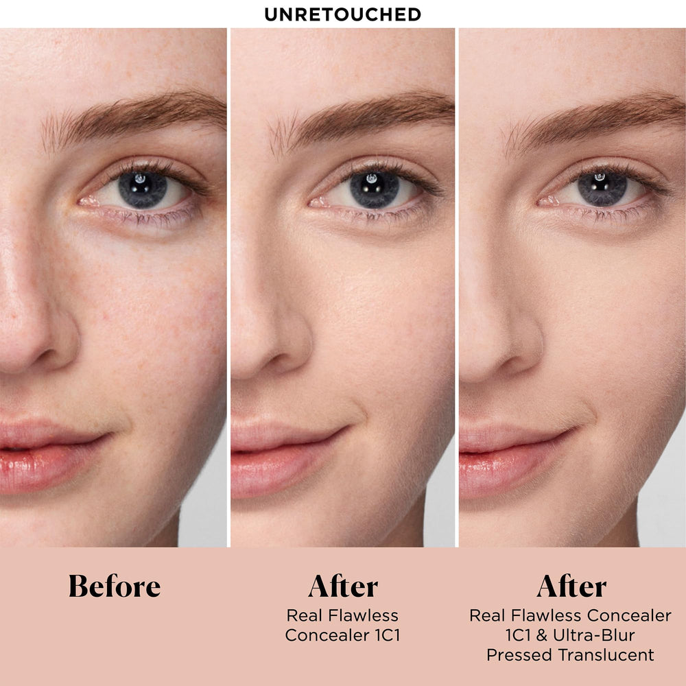Laura Mercier Ultra-Blur powder compact during application for long-lasting wear.