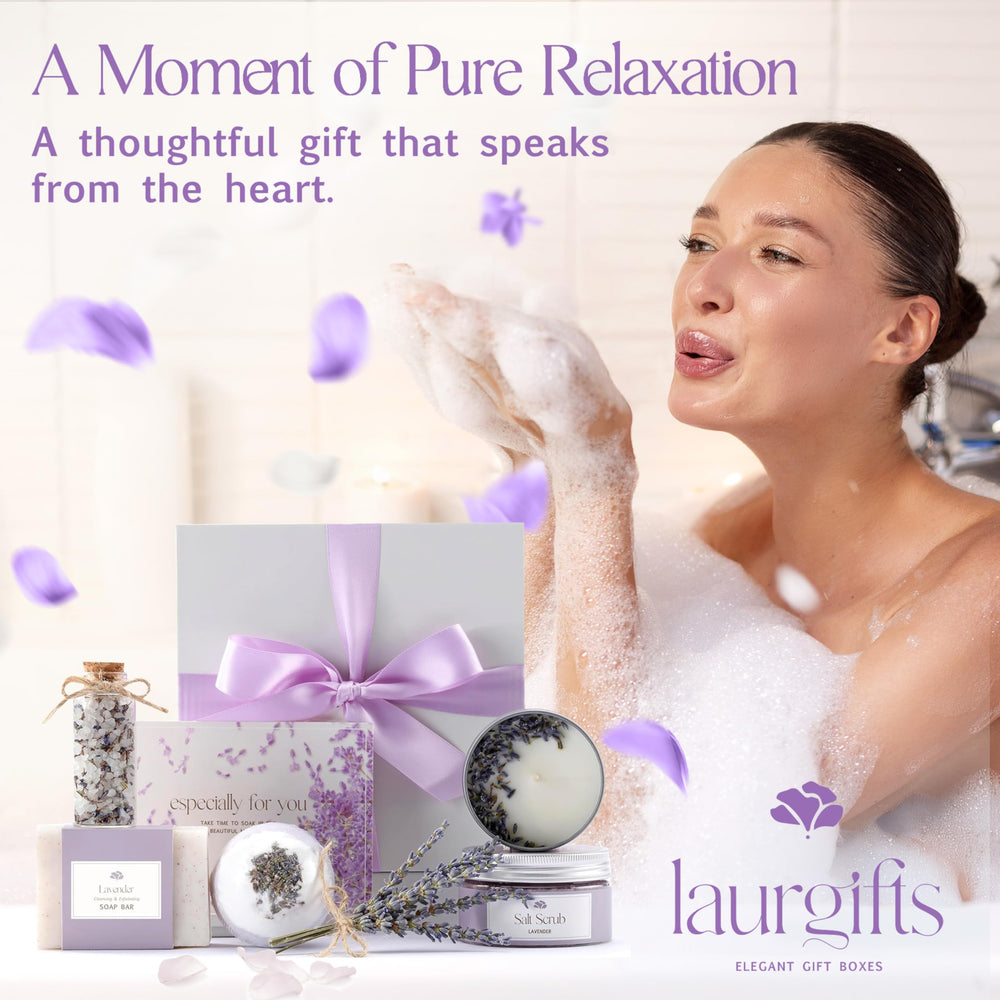 LaurGifts packaging closeup with lavender ribbon showcases premium gift presentation