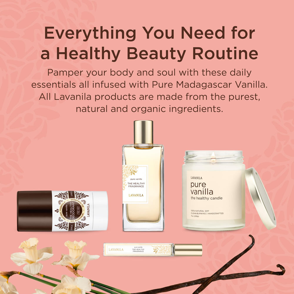 Lavanila Pure Vanilla deodorant packaging highlights solid-stick format.