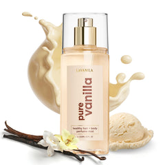 Lavanila Pure Vanilla Mist bottle showcases a soft, warm fragrance with hydrating jojoba oil.