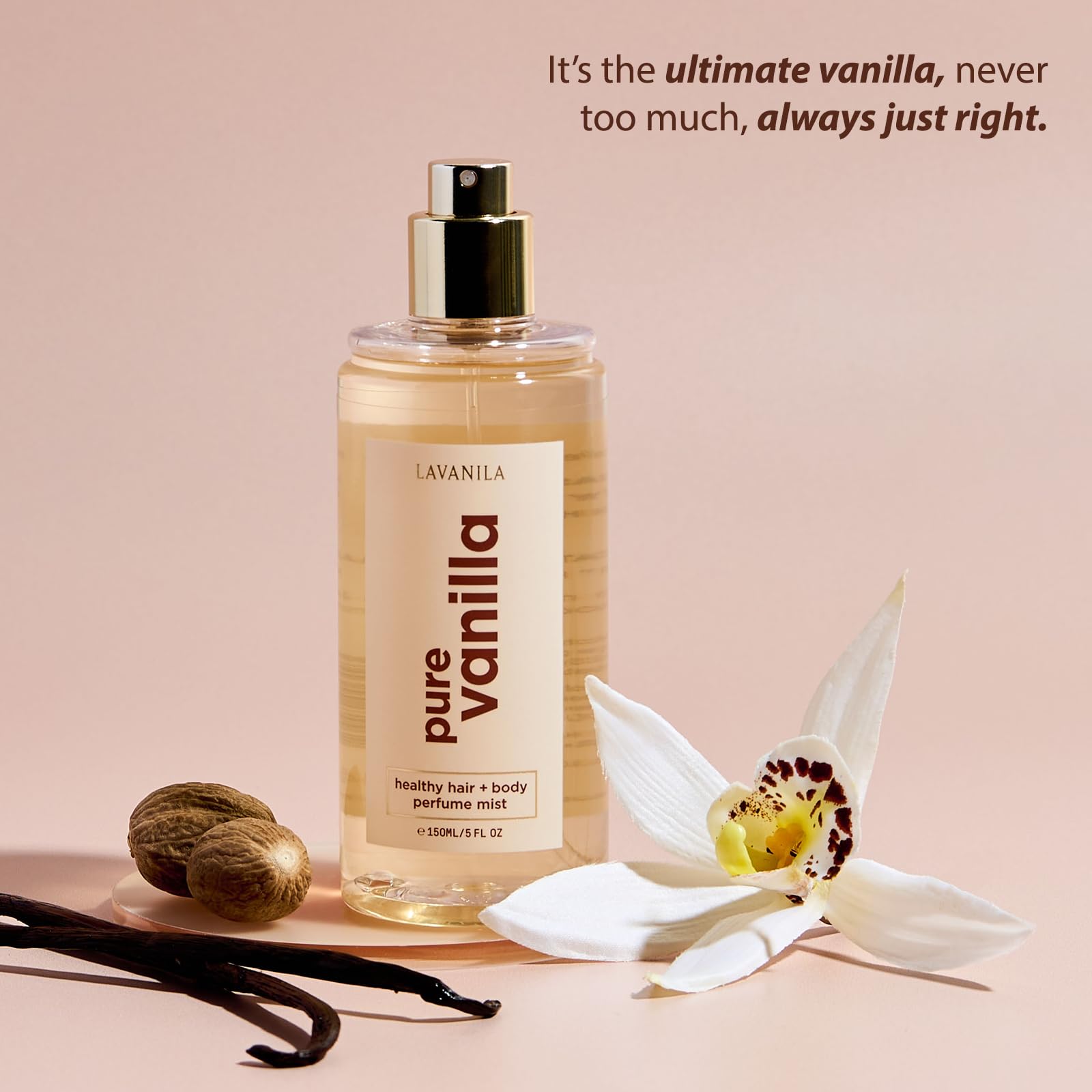 Lavanila Pure Vanilla Mist spray action demonstrates easy, even application for hair and skin.