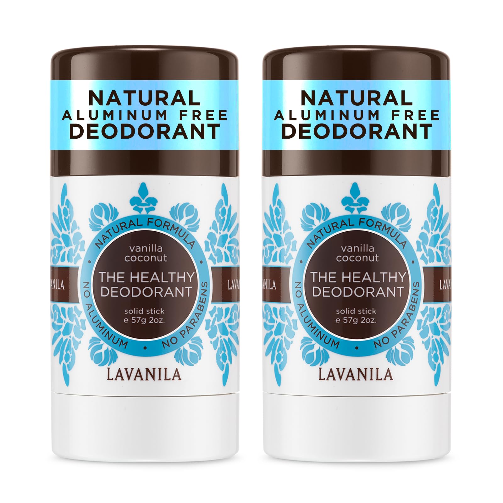 Lavanila Vanilla Coconut Deodorant 2-Pack box shows portable freshness for on-the-go use.