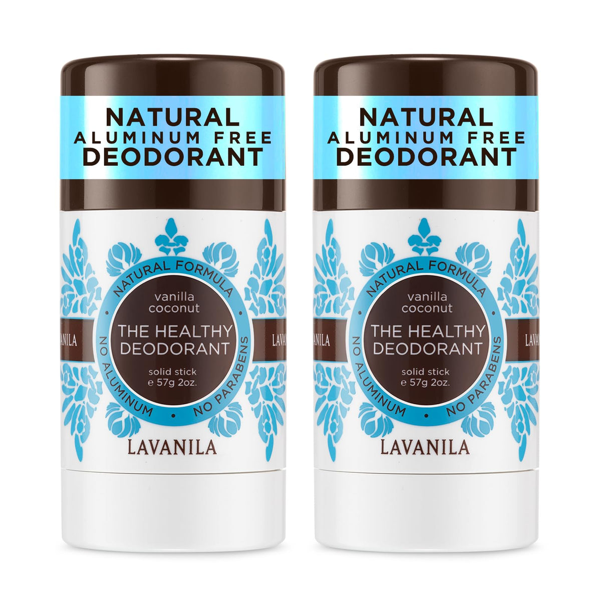Lavanila Vanilla Coconut Deodorant 2-Pack box shows portable freshness for on-the-go use.