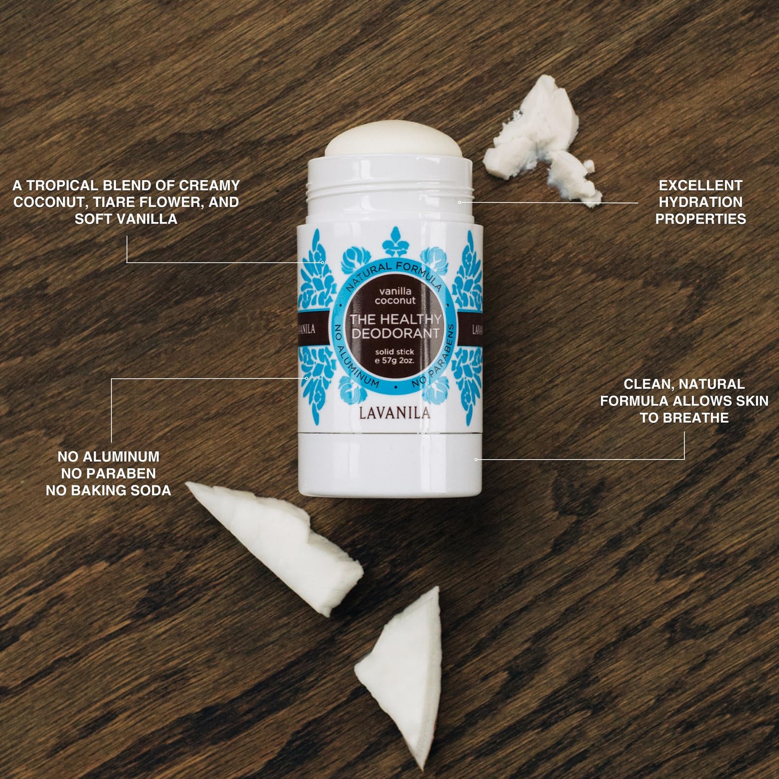 Lavanila Vanilla Coconut Deodorant aloe-infused formula shown for soothing daily use.